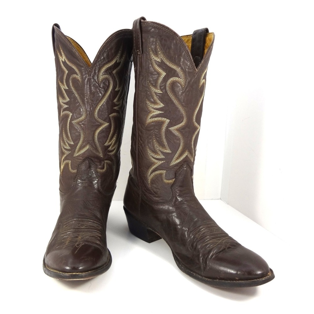 Nocona Boots Mens Western Cowboy Boots Dark Brown Leather Western Stitch Sz 12A
